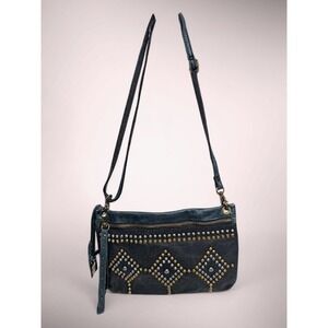 Lucky Brand Crossbody Purse Bag Denim &Leather Studded with Key Fob
